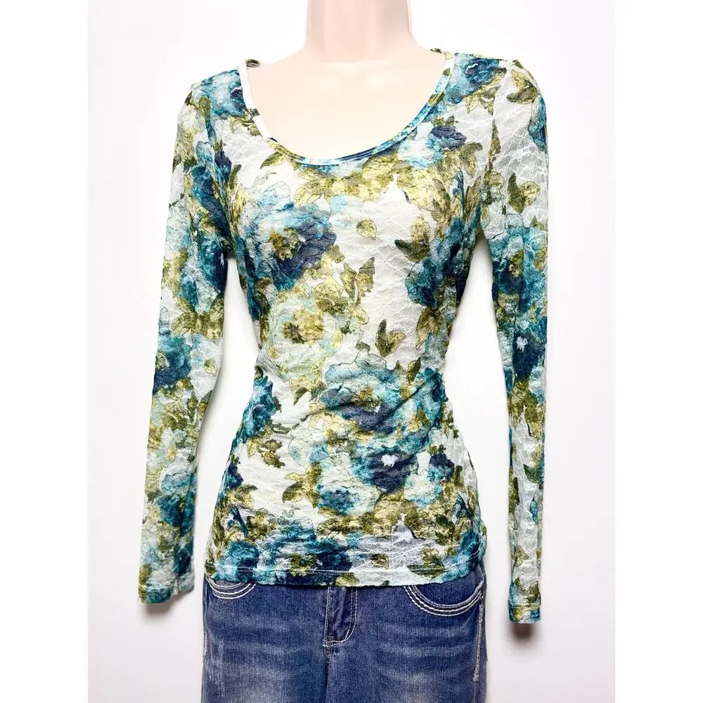 Vintage Y2K Mudd Fairycore Longsleeve Fitted Top Allover Lace Floral Watercolor - Picture 2 of 5